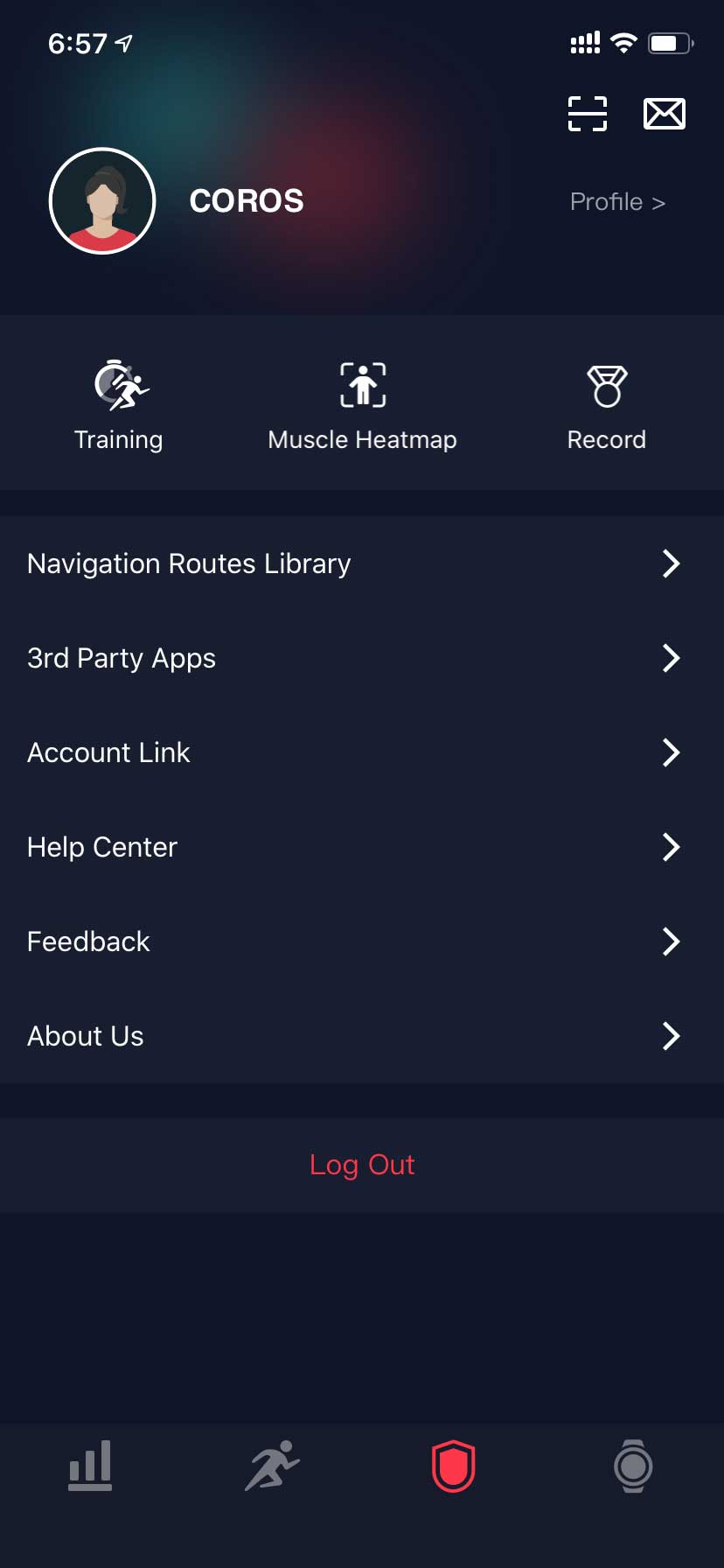 COROS app profile page