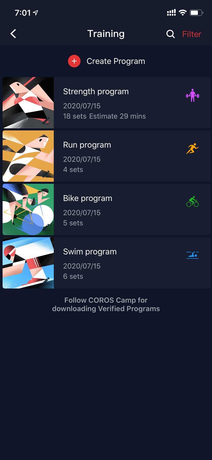 COROS app structured workouts page