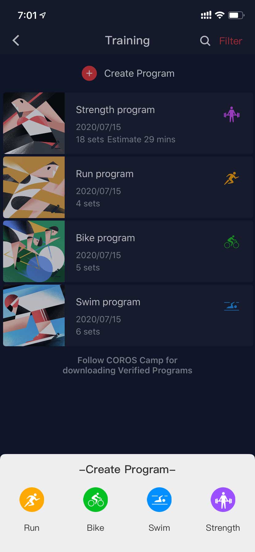 COROS-app een workout maken