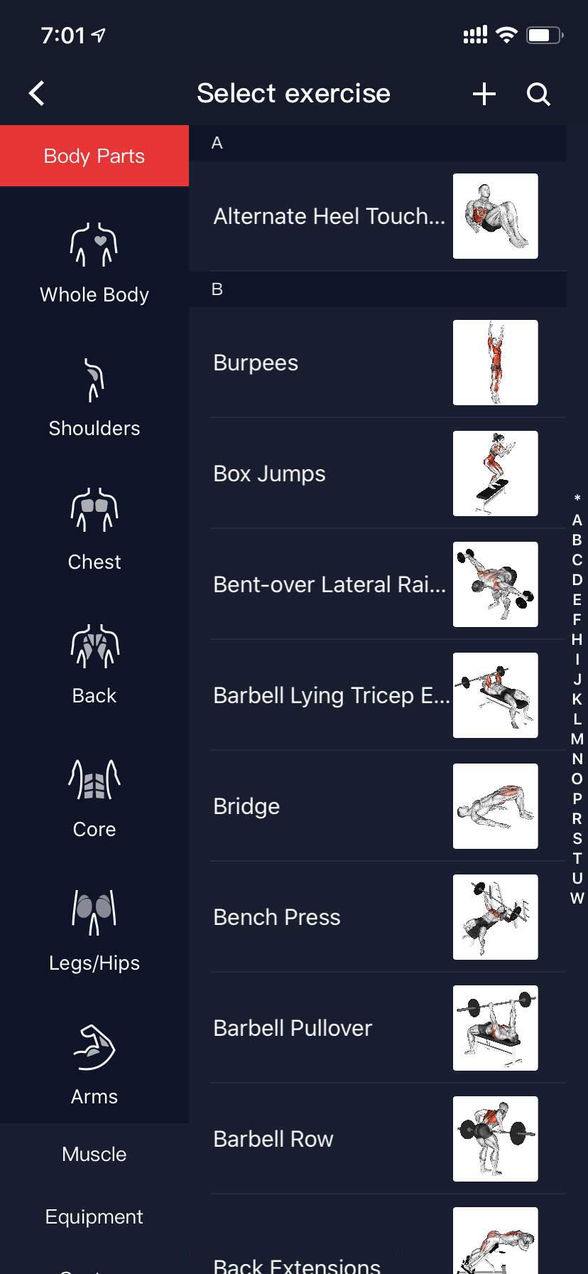 COROS app strength workouts list