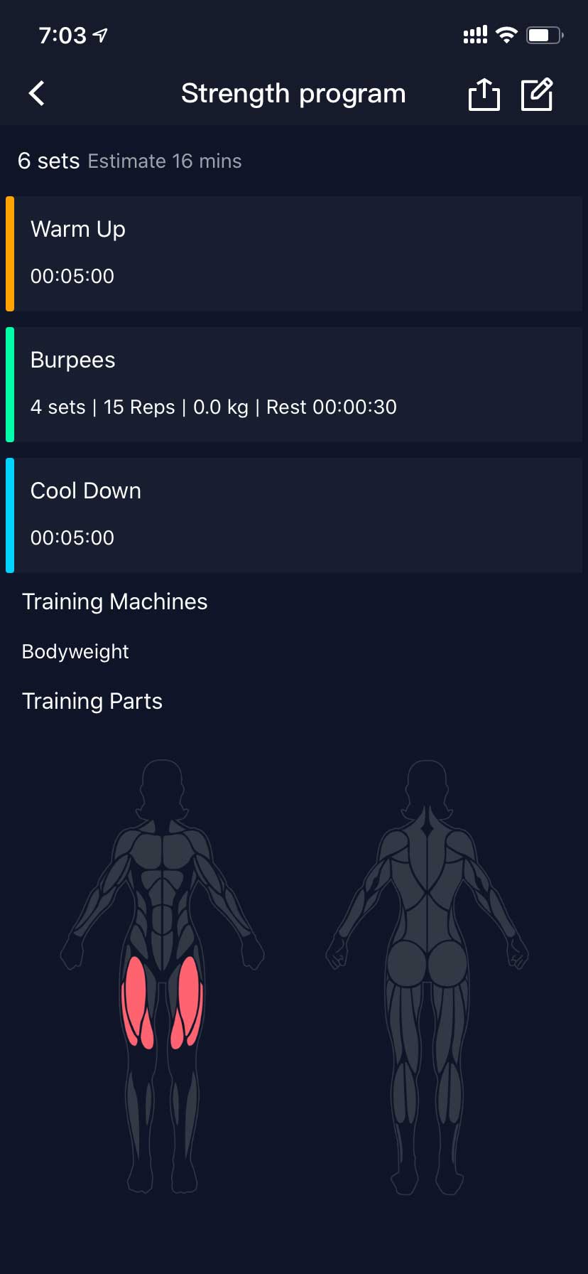 COROS app sample strength workout