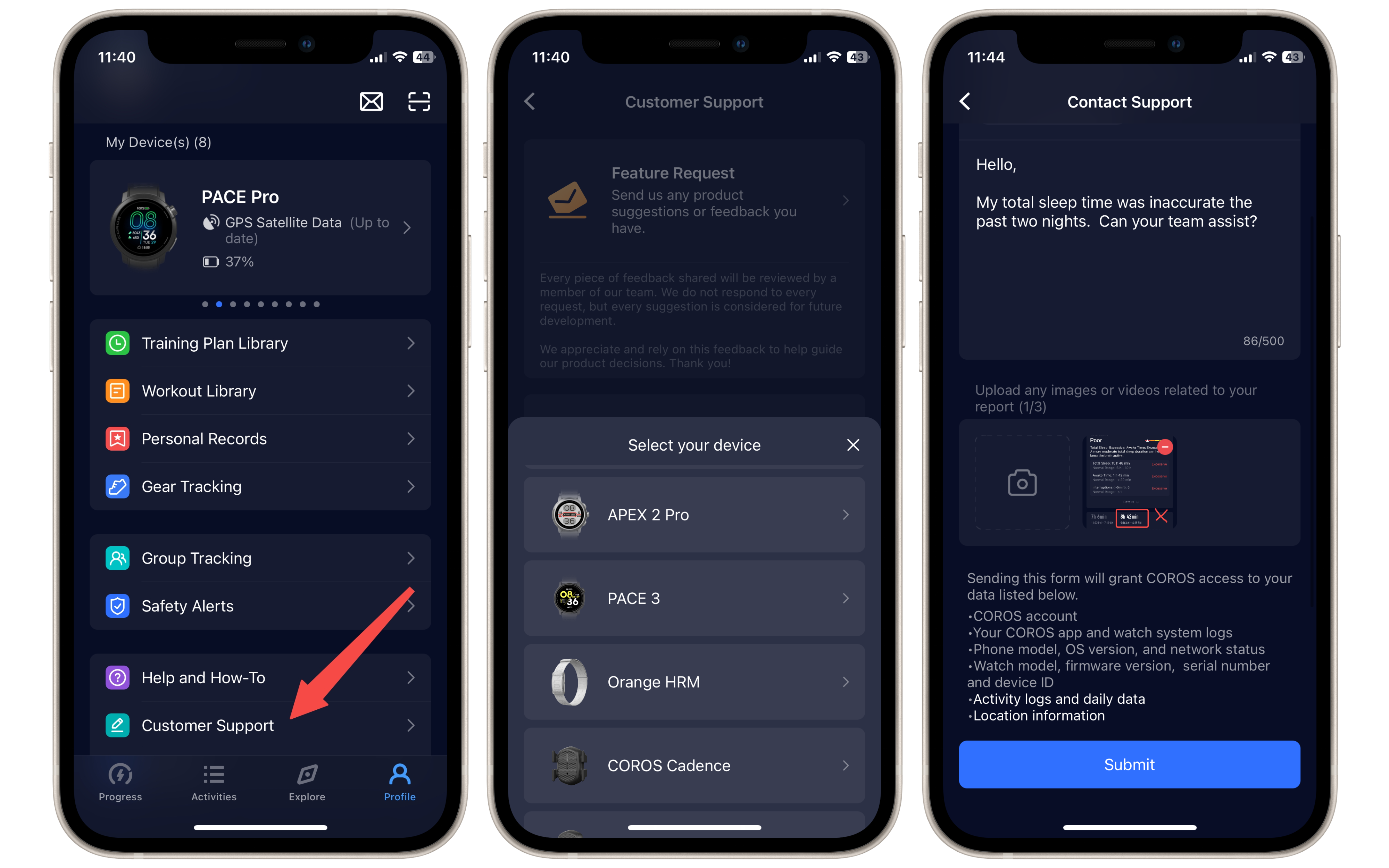 Tre schermate dell'app che mostrano i passaggi per contattare l'assistenza clienti.