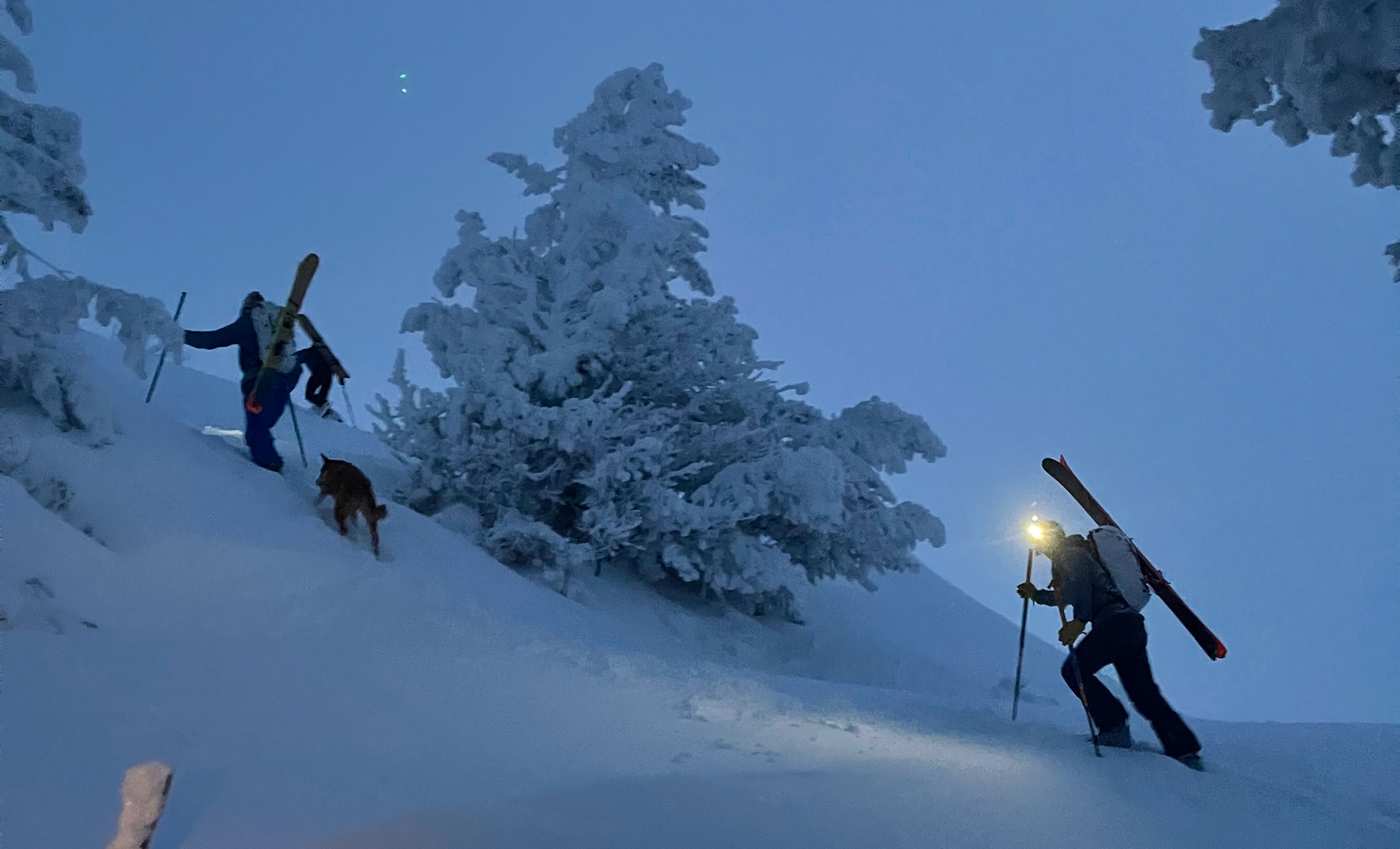 Three athletes mountaineering at dawn