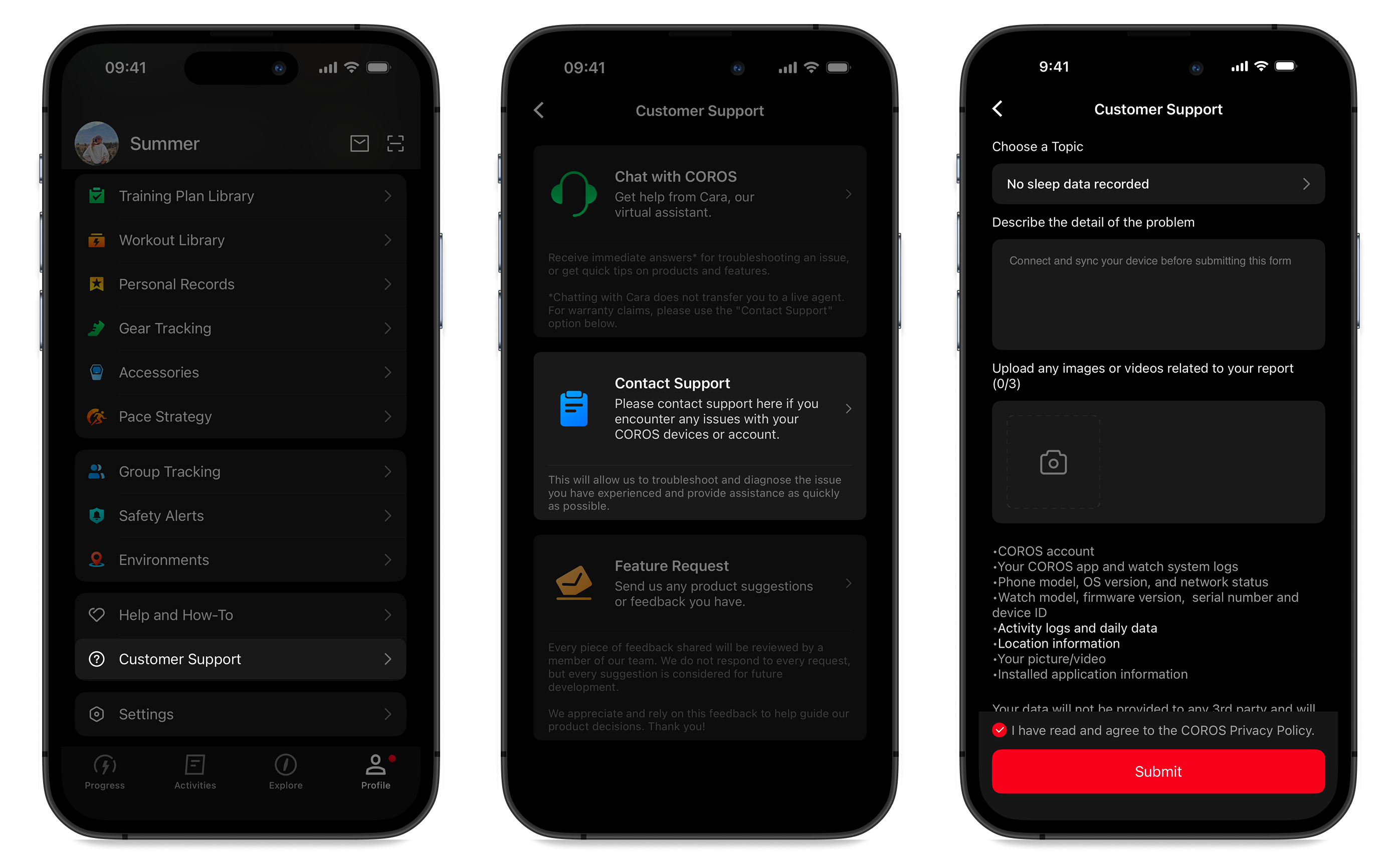 Three screenshots showing the Customer Support menu and the contact submission form.