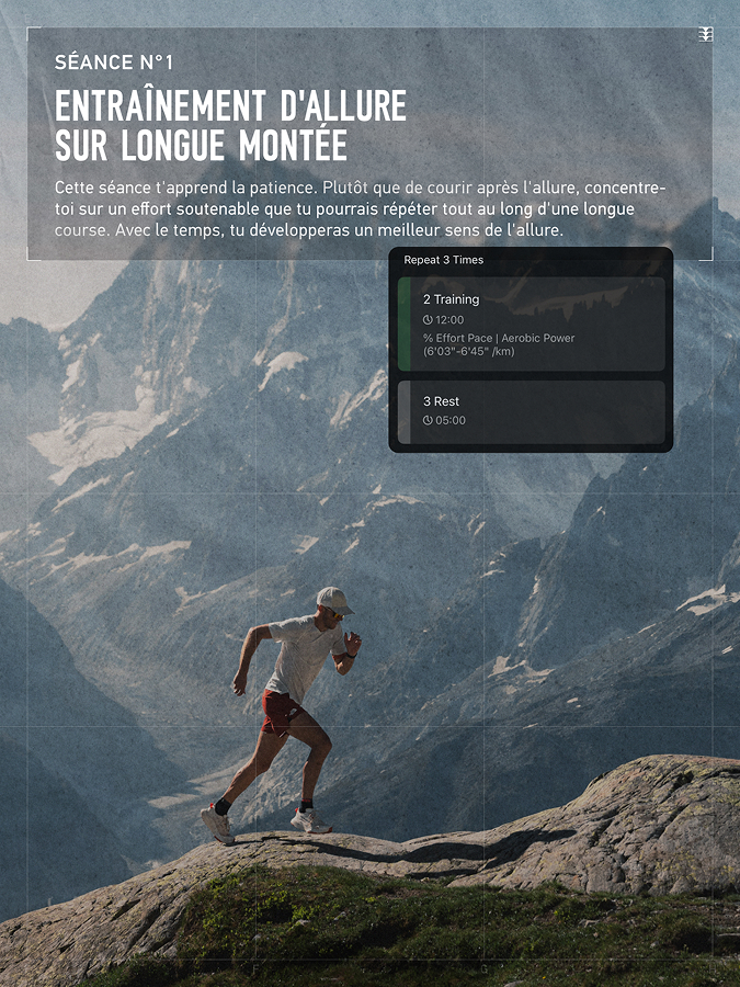 Coureur en montagne illustrant la séance d'entraînement d'allure sur longue montée.