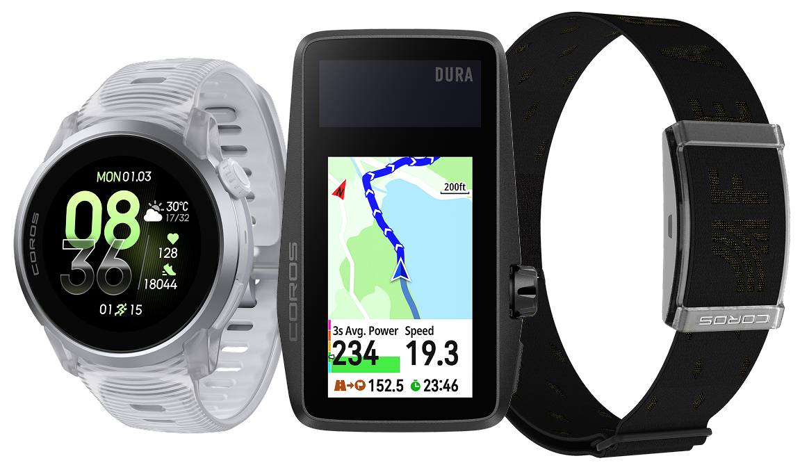 coros pace 4, dura, and heart rate monitor