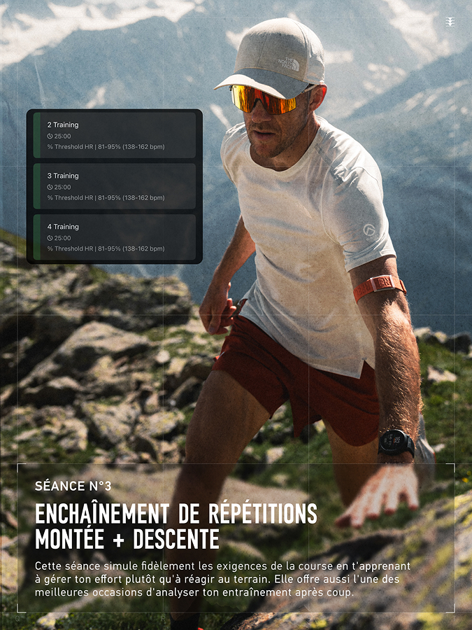 Coureur de trail sur sentier montagneux avec texte décrivant la séance d'entraînement numéro 3.