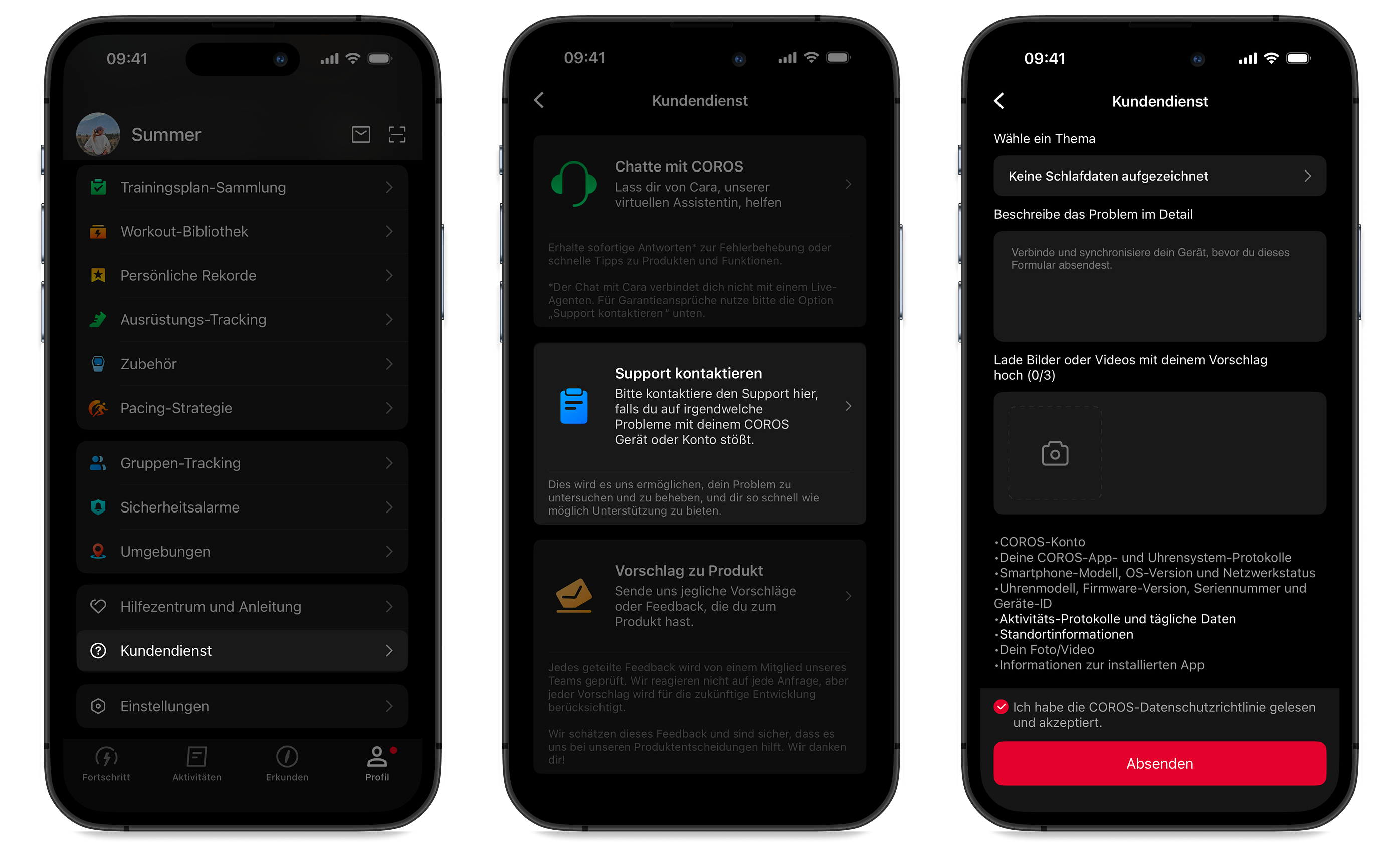 Drei App-Bildschirme zeigen den Weg zum COROS-Kundendienst und das Support-Kontaktformular.