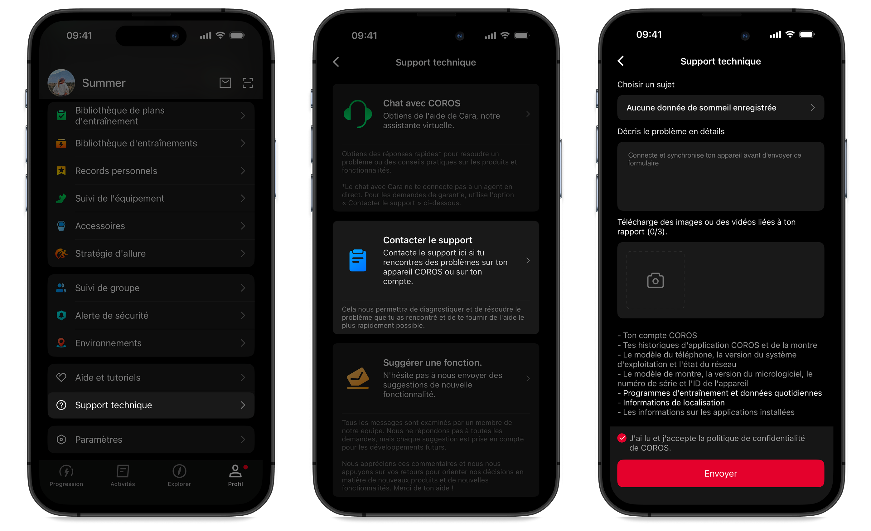 Écrans de l'application COROS : menu Profil, Support technique et formulaire de contact.