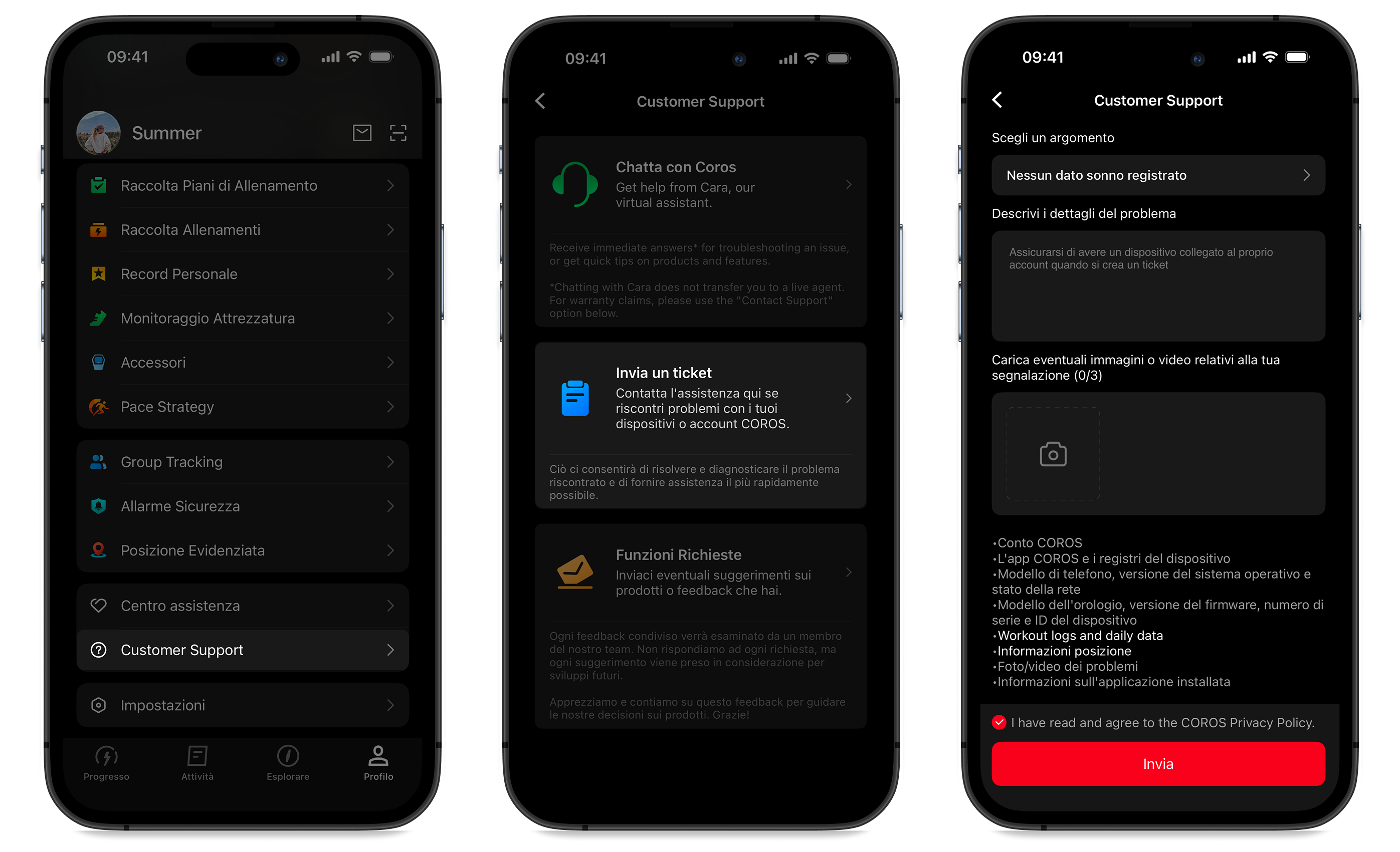 Tre schermate dell'app che illustrano come inviare una richiesta di assistenza al supporto COROS.